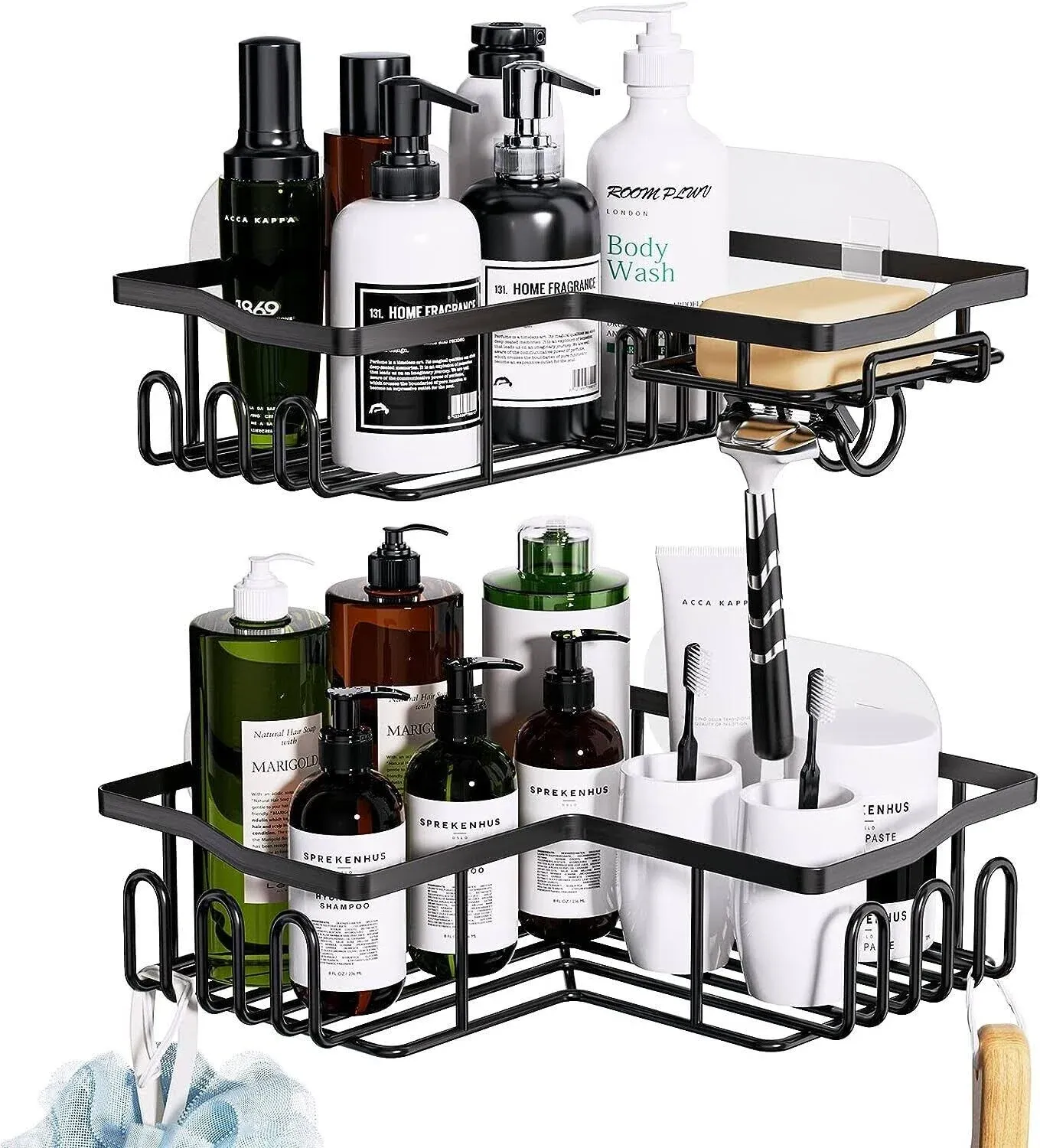 HapiRm Shower Caddy Shower Corner Shelves with 11 Hooks,Shower Organiser for Razor Soap and shampoo,Bathroom Storage & Kitchen Storage Bath