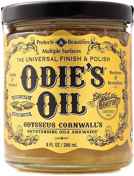 Odie's Oil and a 10 Pack of Wooden Stirring Sticks • Universal Finish for Wood • Leather • Plastic • Vinyl • Metal and More • 9 Ounce Glass Jar • Food Safe and Solvent Free Non Toxic Finish