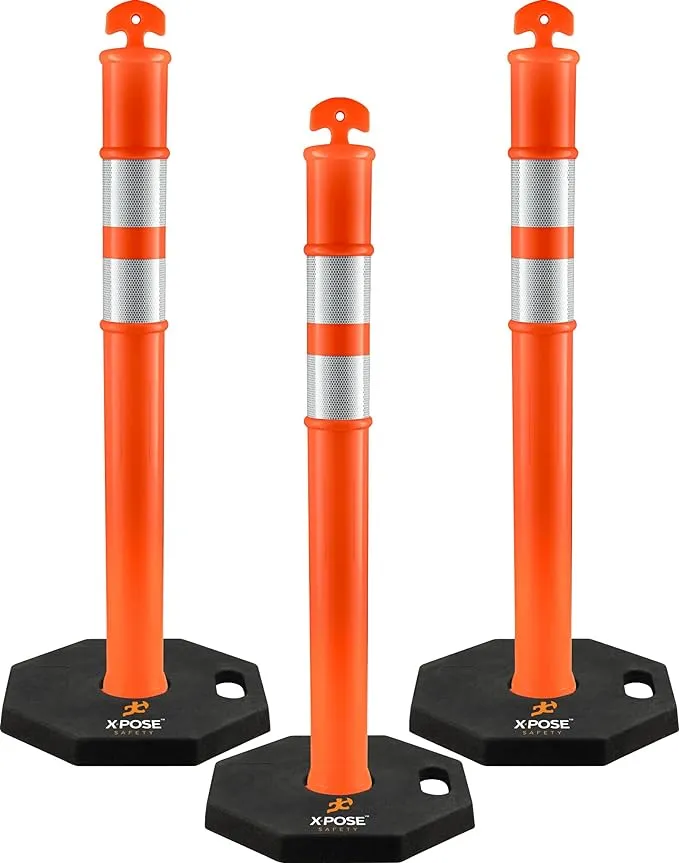 44" Delineator Post with Base - 3pk - T Top Orange Traffic Stanchion with 10" Reflective Band - 13 lb Octagonal Rubber Base - Security, Street Safety Cordon, Garage Parking Aid - Xpose Safety