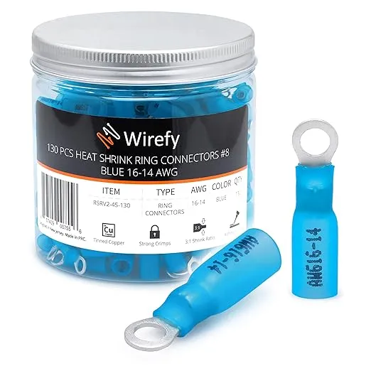 Wirefy 130 PCS Heat Shrink Ring Terminals #6 - a Resistant Ring Connectors - Eyelet Wire Connectors - Blue 16-14 AWG