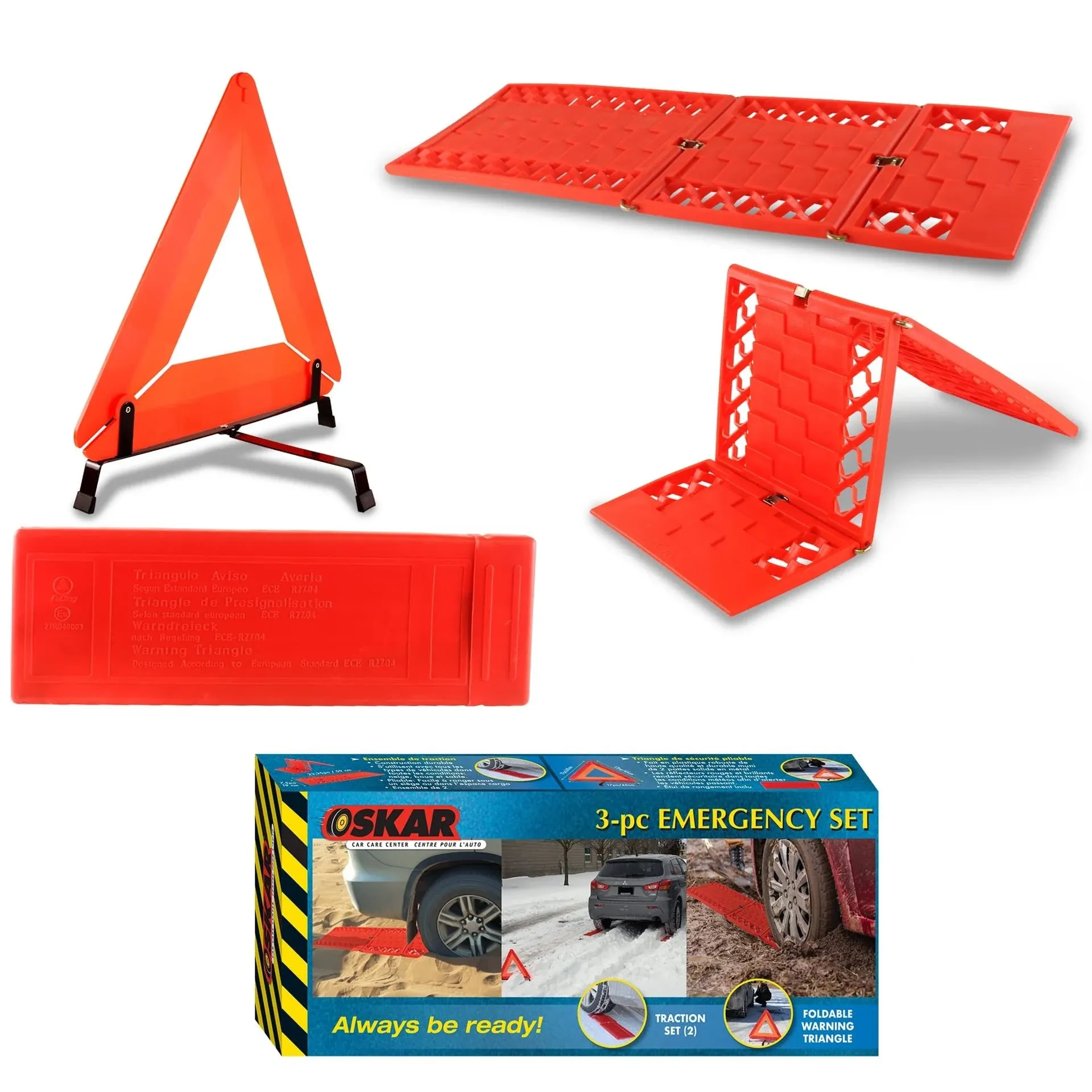 Koolatron Oskar 3 Piece Emergency Kit, Red, Vehicle Roadside Assistance Set with Folding Tire Traction Mats and Reflective Warning Triangle for Accidents, Snow, Ice, Slush, Mud, Sand, Car, SUV, Truck