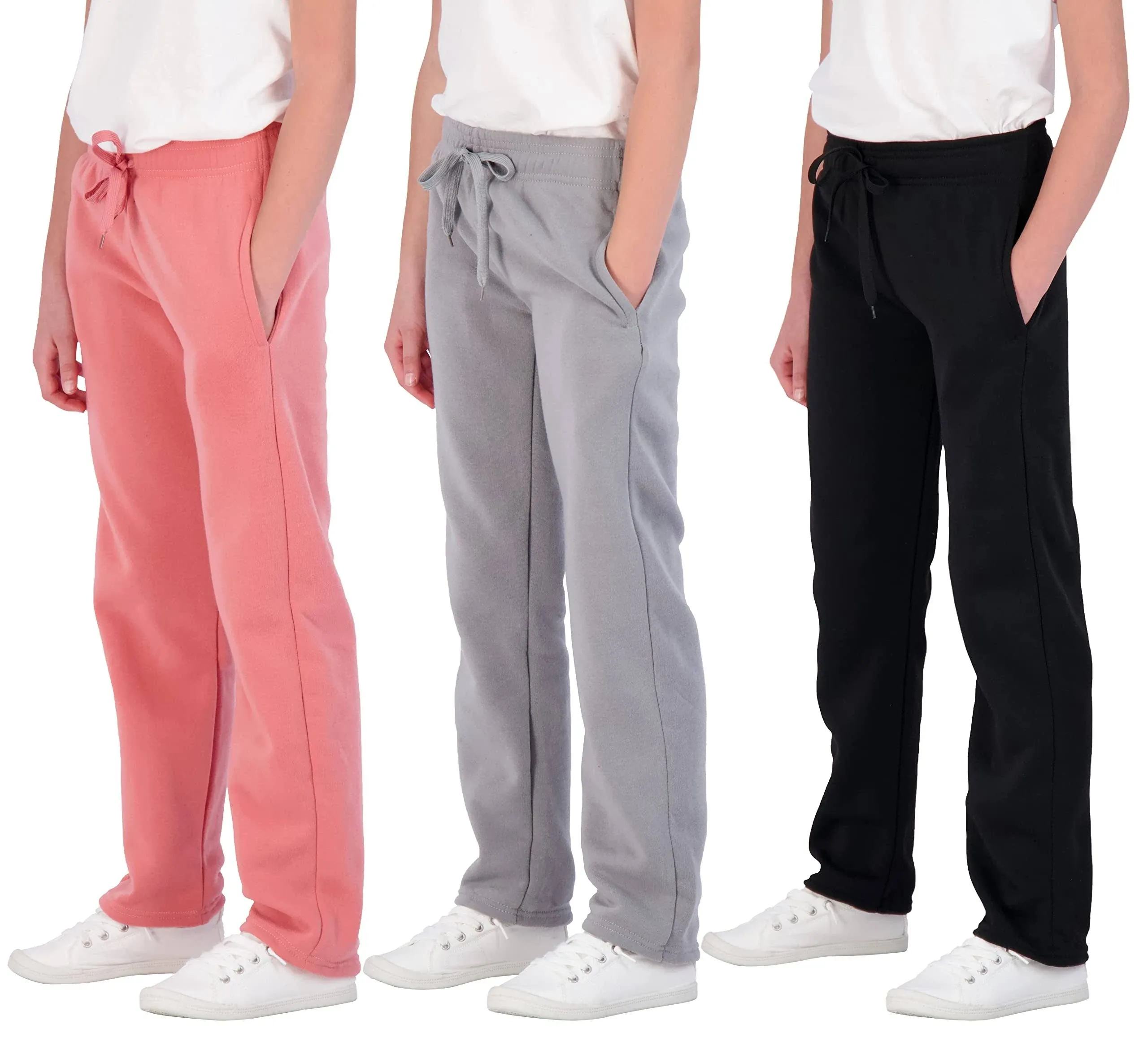 3 Pack: Girls' Fleece Open Bottom Soft Athletic Performance Casual Sweatpants(Ages 7-16)