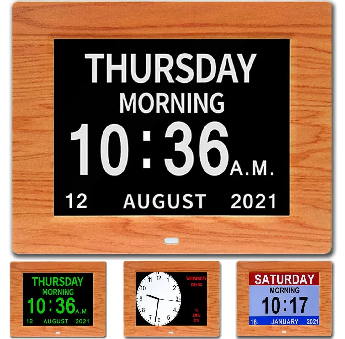 CAZOKASI 3 Displays 8inch Clock with Day and Date for Elderly Extra Large Impaired Vision Digital Calendar Clock with Non-Abbreviated Alarm Clock