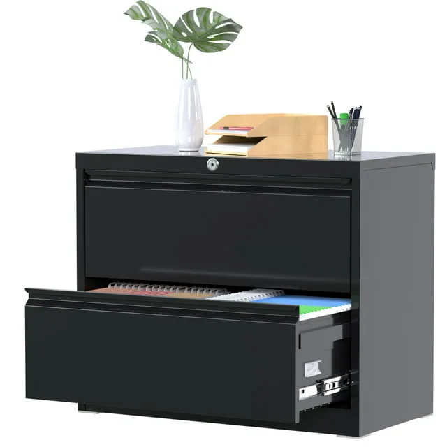 GangMei Black Metal Lateral File Storage Cabinet with 2 Drawers Wide Filing Cabinet for Home Office Steel File Cabinet F