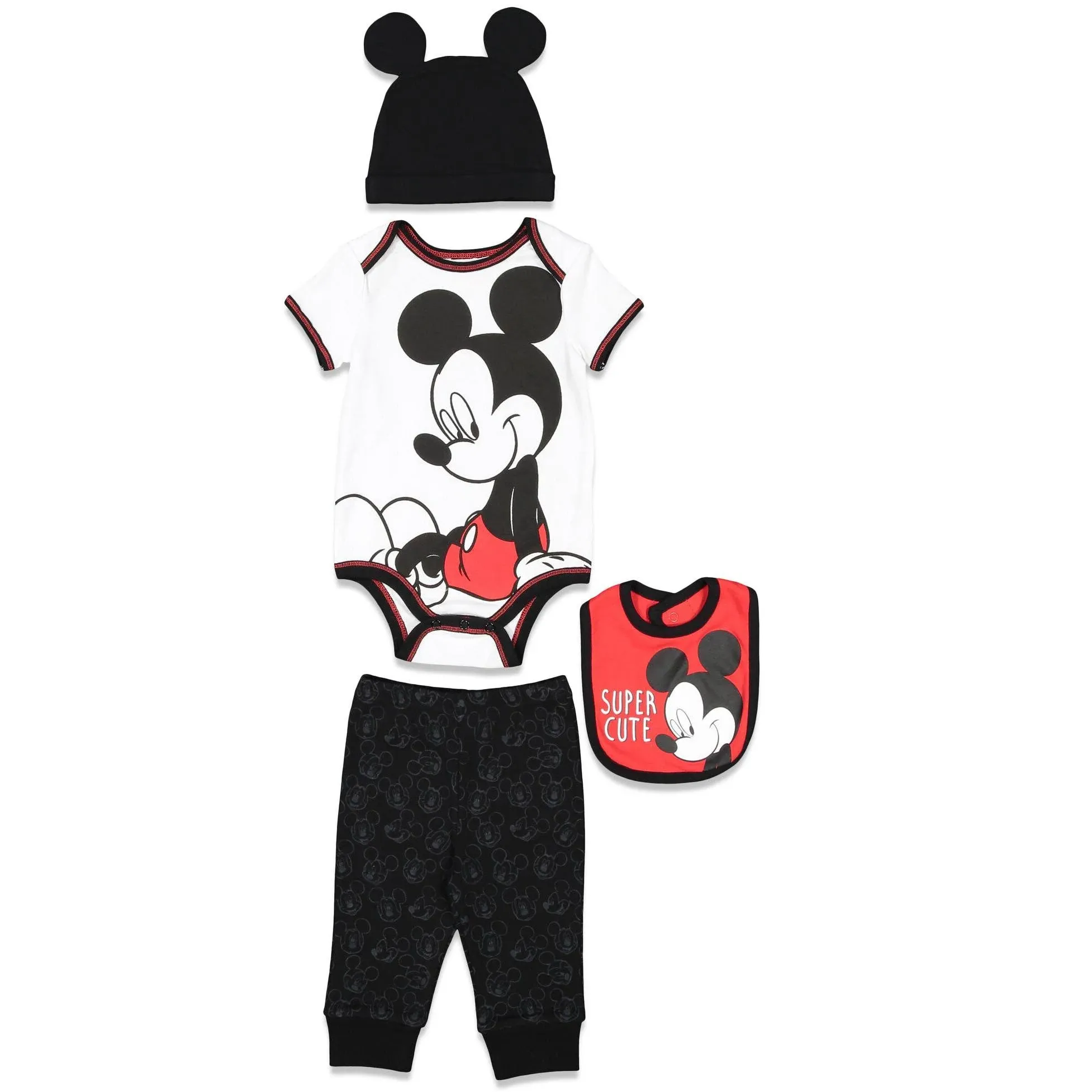 Disney Mickey Mouse 4 Piece Outfit Set: Bodysuit Pants Bib Hat