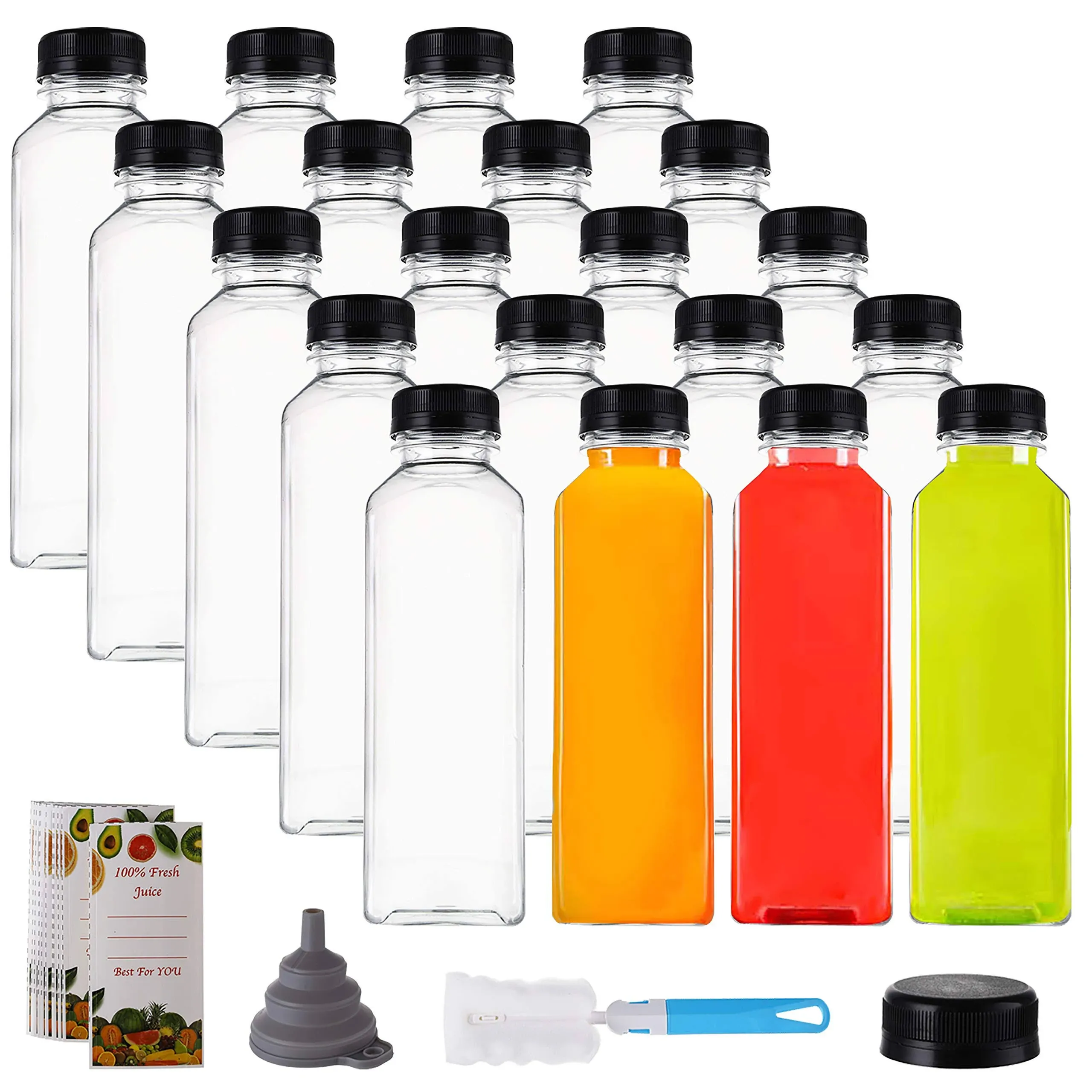 Cedilis 20 Pack 16oz Plastic Juice Bottles with Black Cap, Clear Reusable ...