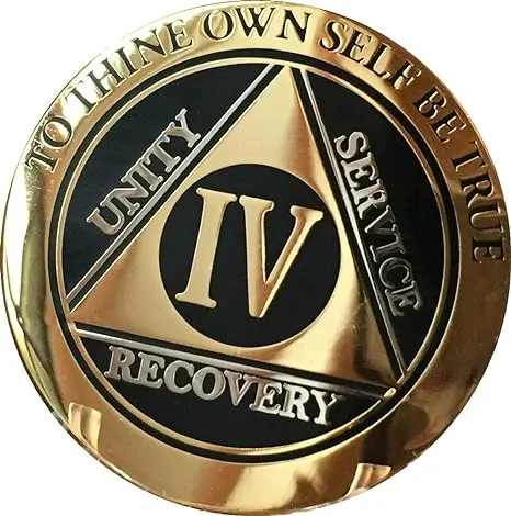 RecoveryChip 4 Year AA Medallion Elegant Black Gold Silver Bi-Plated Alcoholics ...