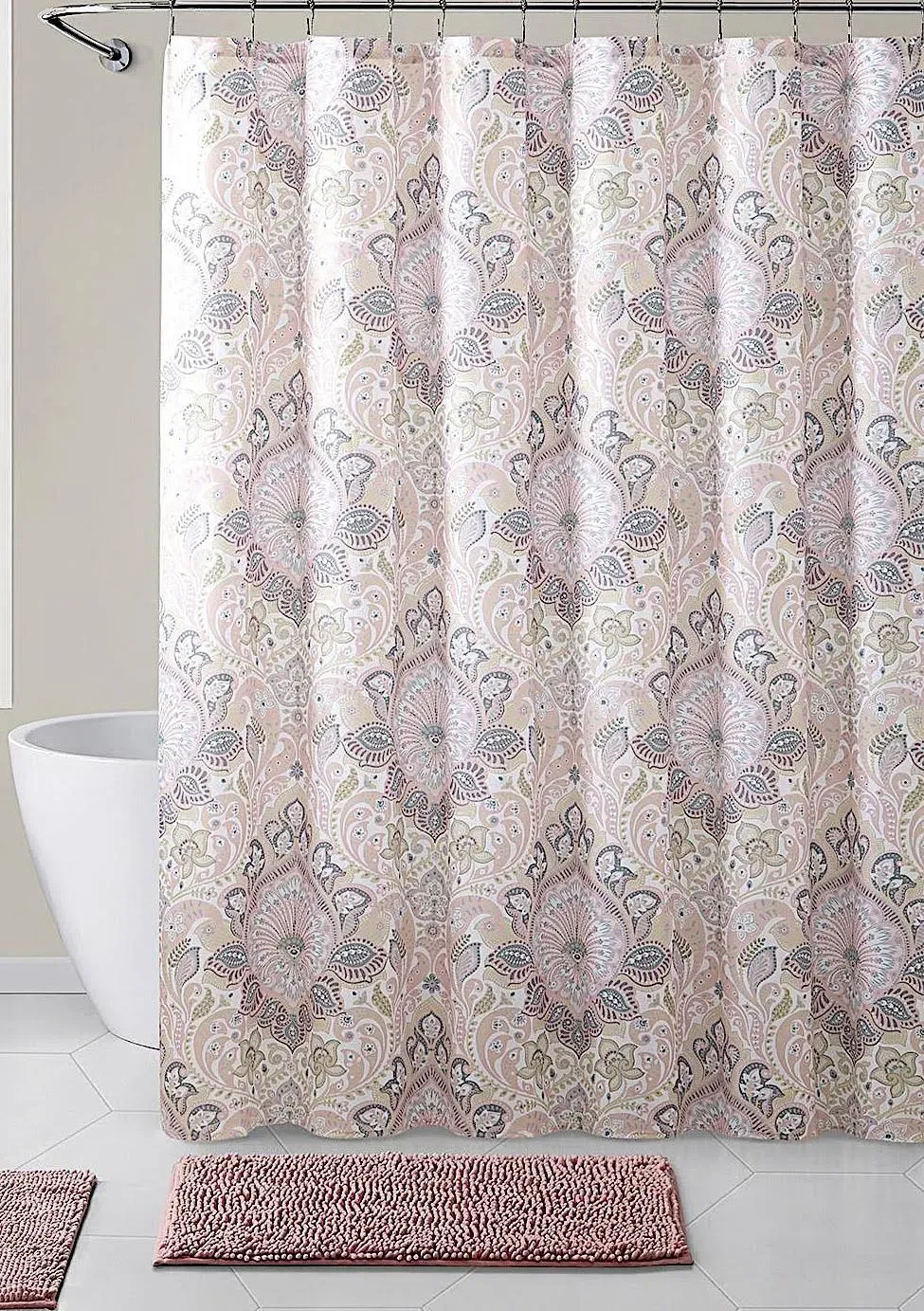 Floral Damask Fabric Shower Curtain: Soft Blush Pink Yellow Grey White