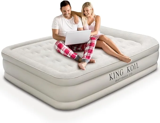 King Koil Luxury Queen Air Mattress with Built-in High Speed Pump, Blow Up Bed Top Flocking, Puncture Resistant, Double High Inflatable Queen Airbed Air Mattress for Camping, Home, Travel