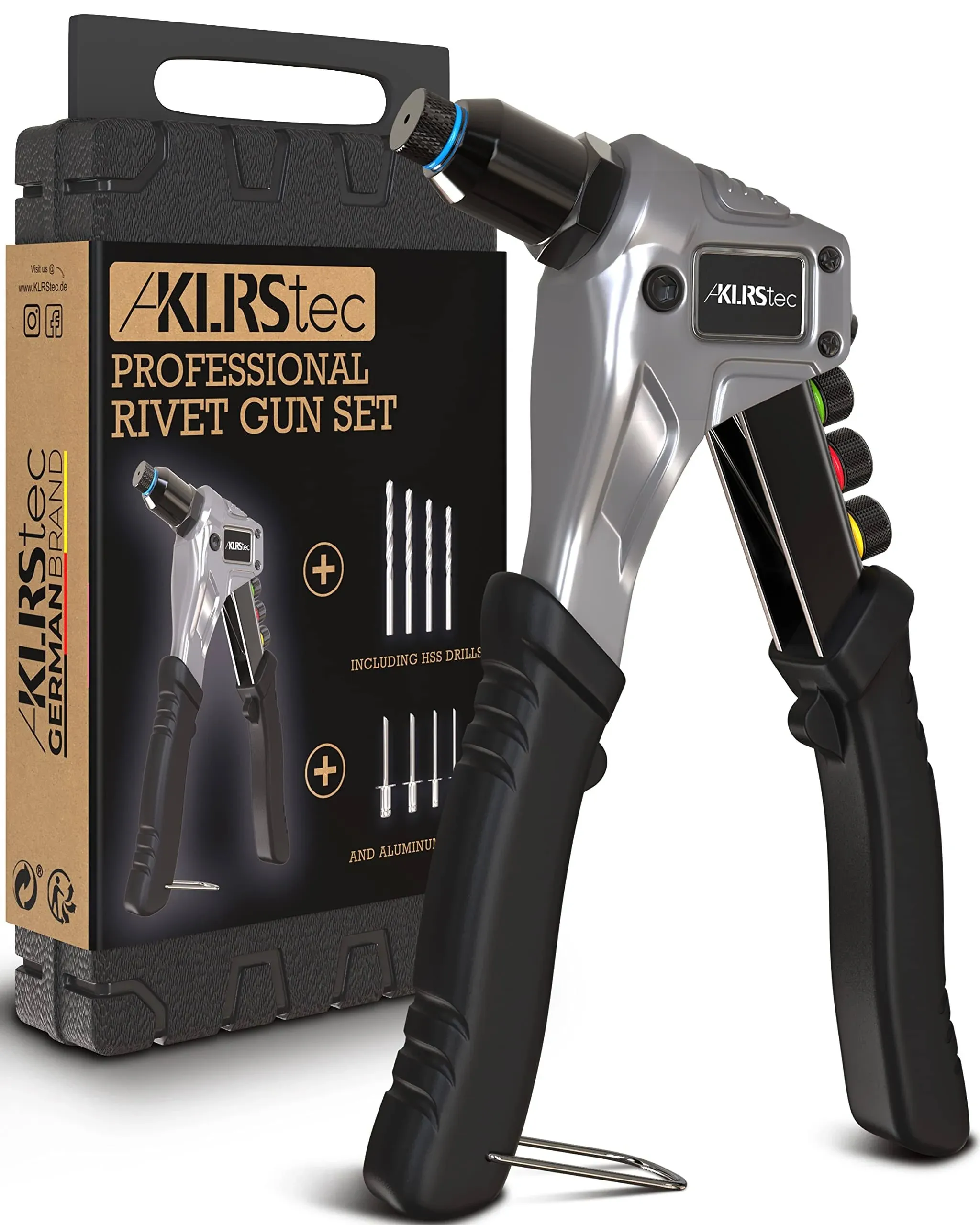 KLRStec Professional Rivet Gun Kit incl. 120 Pop Rivets and 4 HSS Drills - High quality Pop Rivet Tool Kit for processing Blind Rivets