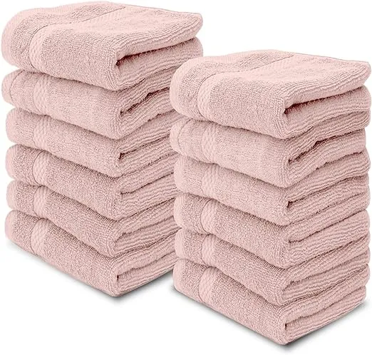 White Classic Luxury Cotton Washcloths - Large Hotel Spa Bathroom Face Towel | 12 Pack | Pink