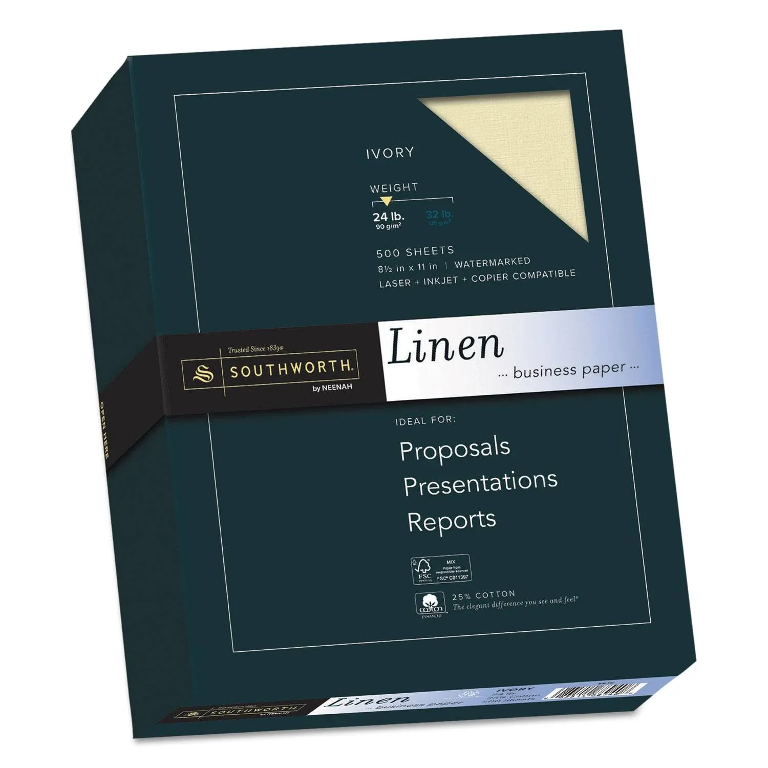 Southworth 25% Cotton Linen Business Paper, 24 lb, 8.5 x 11, Ivory, 500/Ream