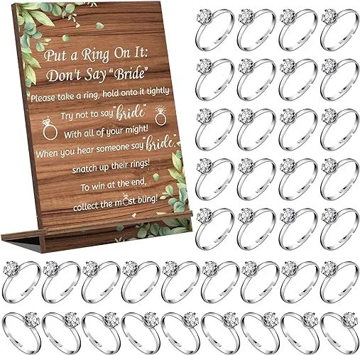 Put a Ring on It Bridal Shower Game with 100 Pcs Metal Fake Rings, Rustic Greenery Bridal Shower Favors Not Say Bride Rules Wedding Shower Games Wooden Bridal Shower Gifts for Guests