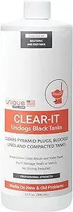 Unique Clear-It RV Black Tank Unclogger Liquid - Unclogs Camper Black Water Holding Tanks, Breaks Through Pyramid Plugs, Compacted Tanks, and Clogged Pipes - Formerly Tank Cleaner (32 oz.)