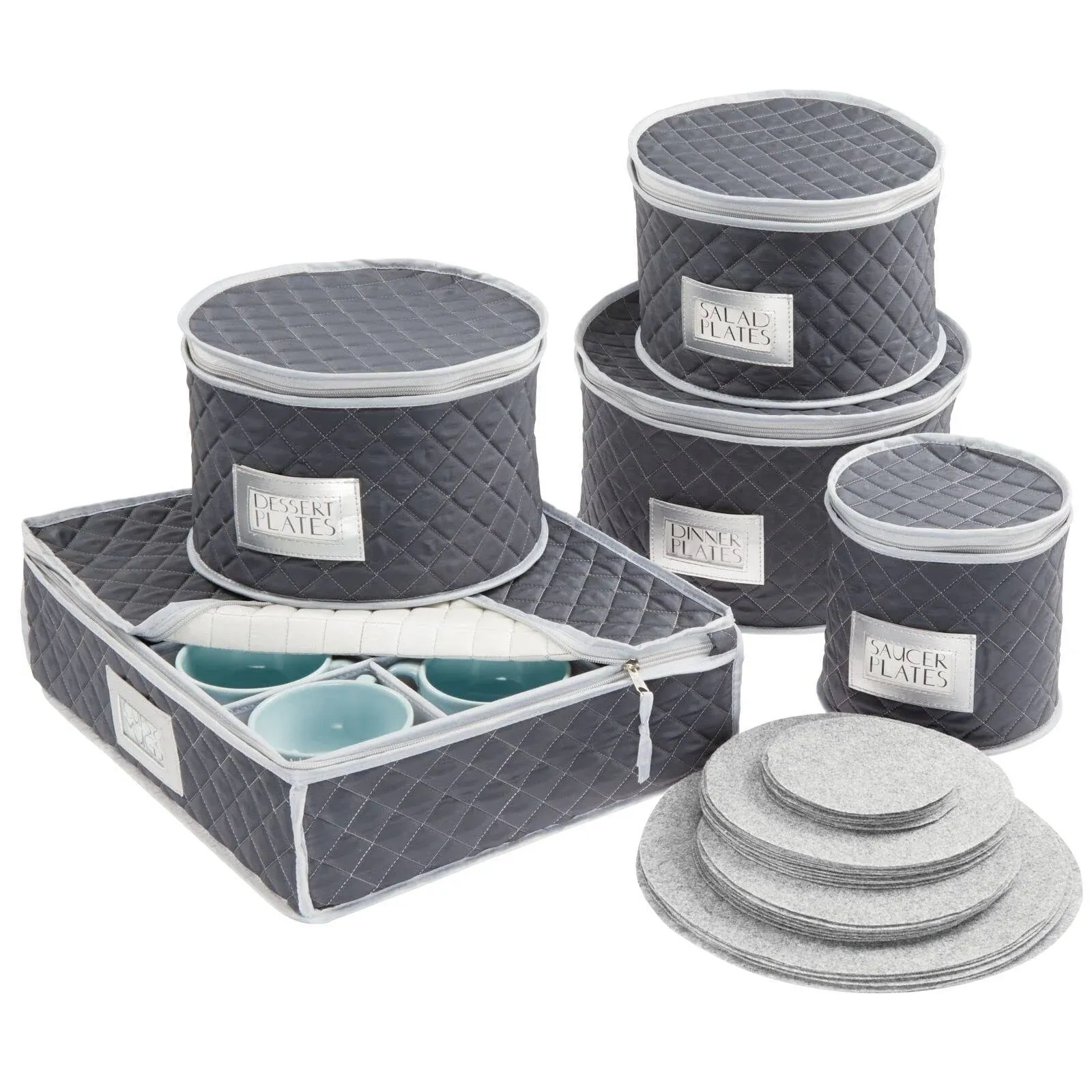 mDesign Quilted Protective Dinnerware Storage, 5 Piece Set - Navy Blue/Gray