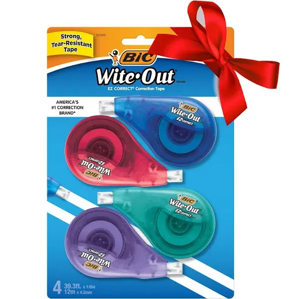 BIC Wite-Out Brand EZ Correct Correction Tape, 19.8 Feet, 4-Count Pack of white Correction Tape, Fast, Clean and Easy to Use Tear-Resistant Tape, Great Stocking Stuffers for Teachers