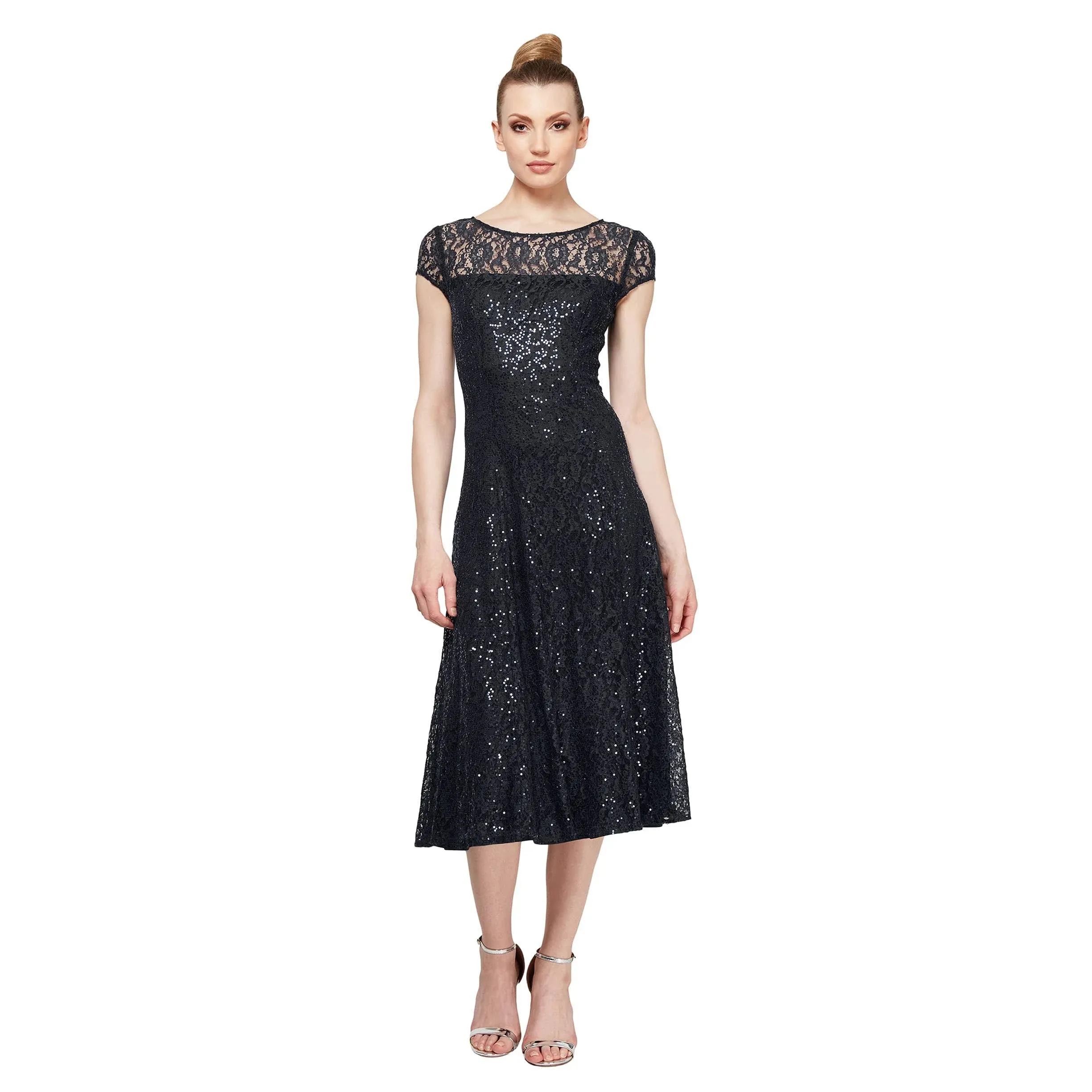 S.L. Fashions Women's Tea Length Cap Sleeve Sequin Lace A-Line Dress