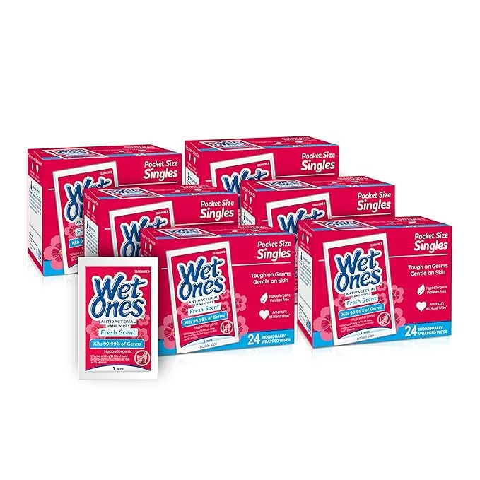 Wet Ones Antibacterial Hand Wipes Singles, Fresh Scent, Individually Wrapped 24 ct. (6 pack)
