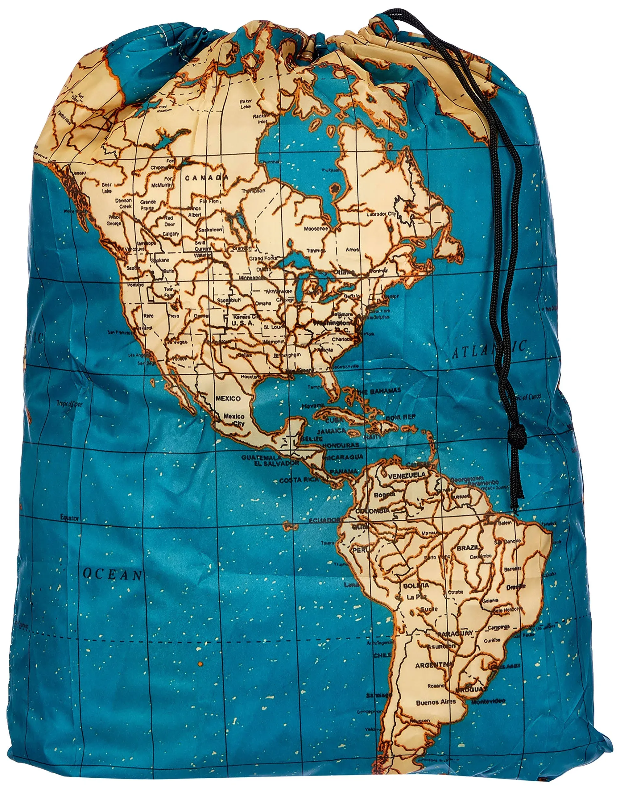 Kikkerland World Map Atlas Travel Laundry Bag Clothes Wash Drawstring Basket