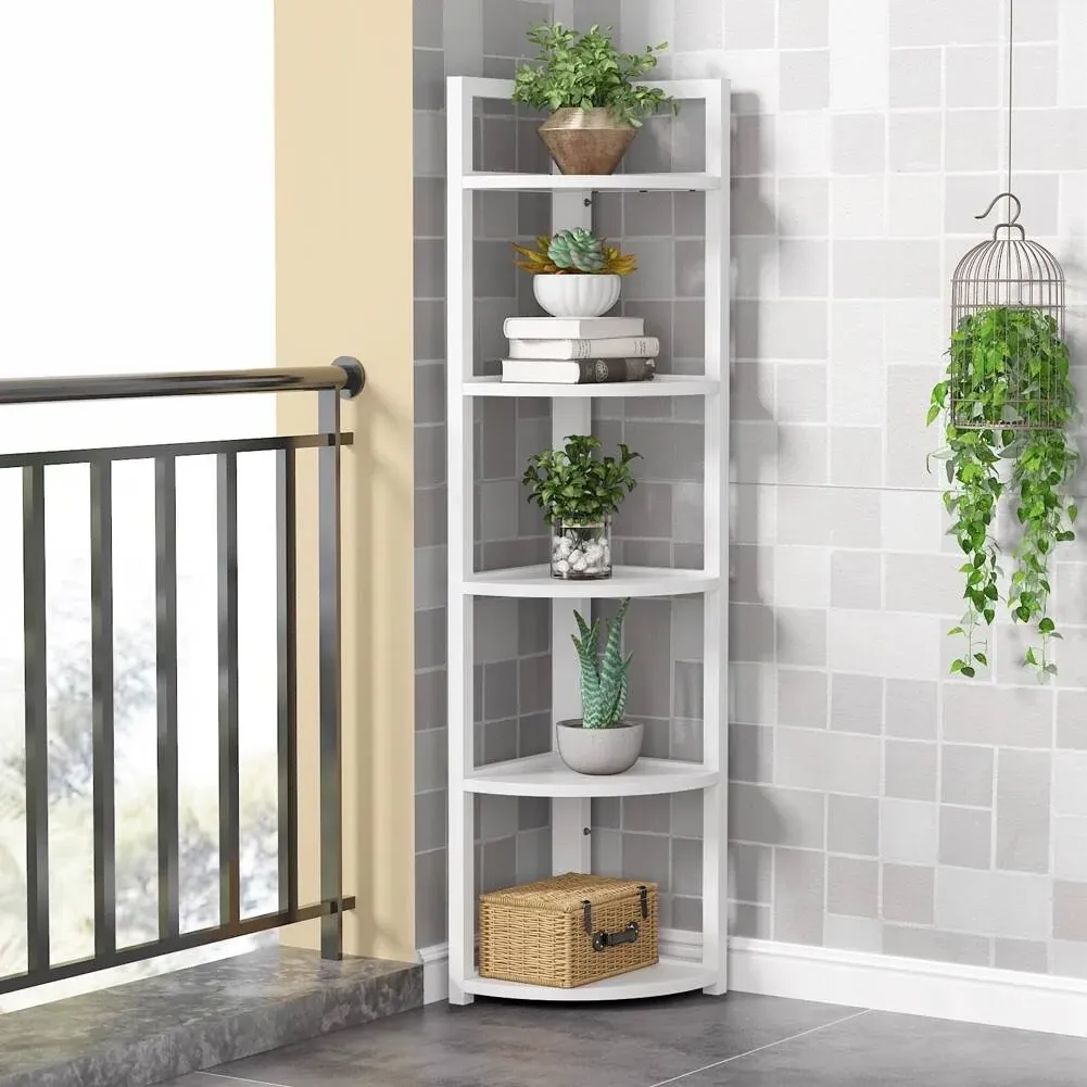 5 Tier Corner Shelves, Rustic Industrial Corner Bookshelf Bookcase - White