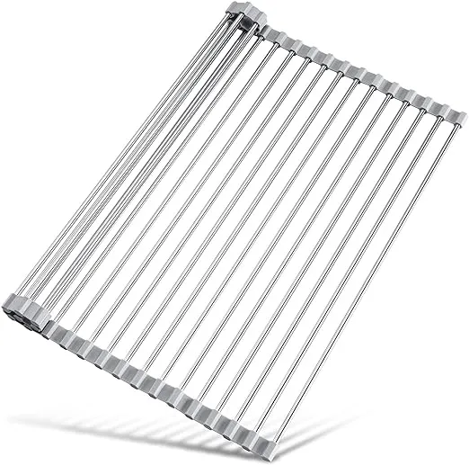 Tomorotec 17.7" x 15.5" Roll Up Dish Drying Rack Over Sink Drying Rack Sink Cover Kitchen Sink Accessories Gadget Multipurpose Organizer Foldable Stainless Steel Drainer