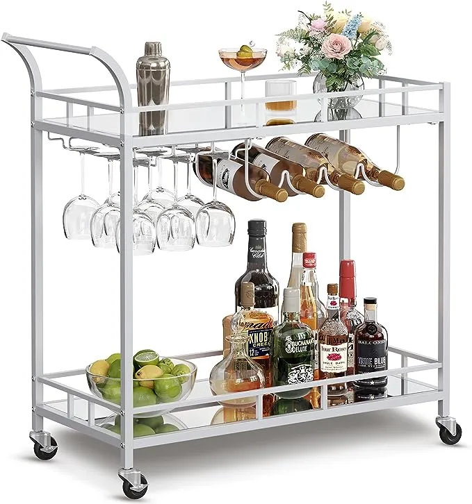 Tajsoon 2-Tier Bar Cart, Mobile Bar Serving Cart, Industrial Style Wine Cart for Kitchen, Beverage Cart with Wine Rack and Glass Holder, Rolling Drink Trolley for Living Room, Gold & White