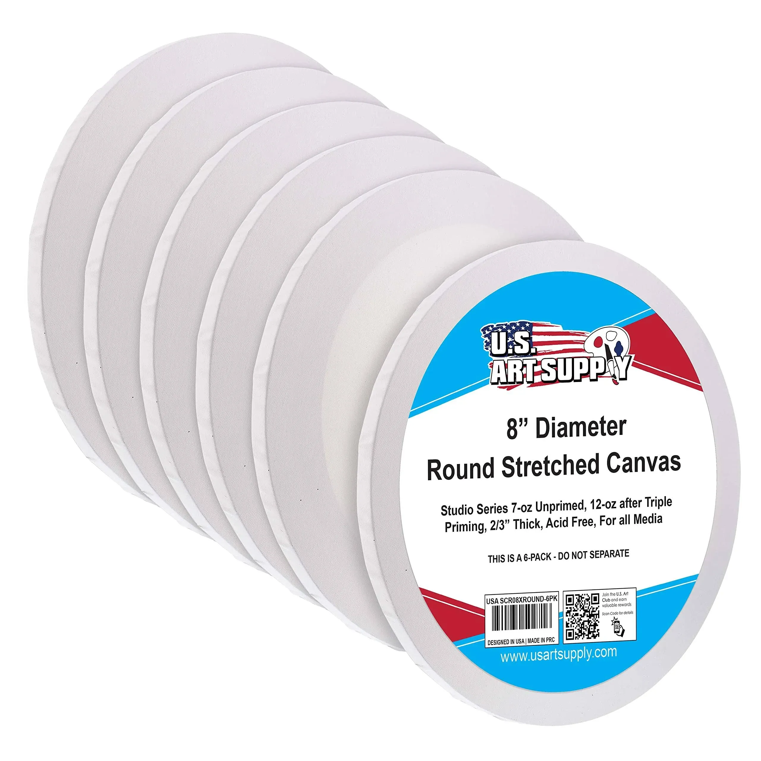 8 Inch Diameter Round 12 Ounce Primed Gesso Acid-Free Stretched Canvas 6-Pack