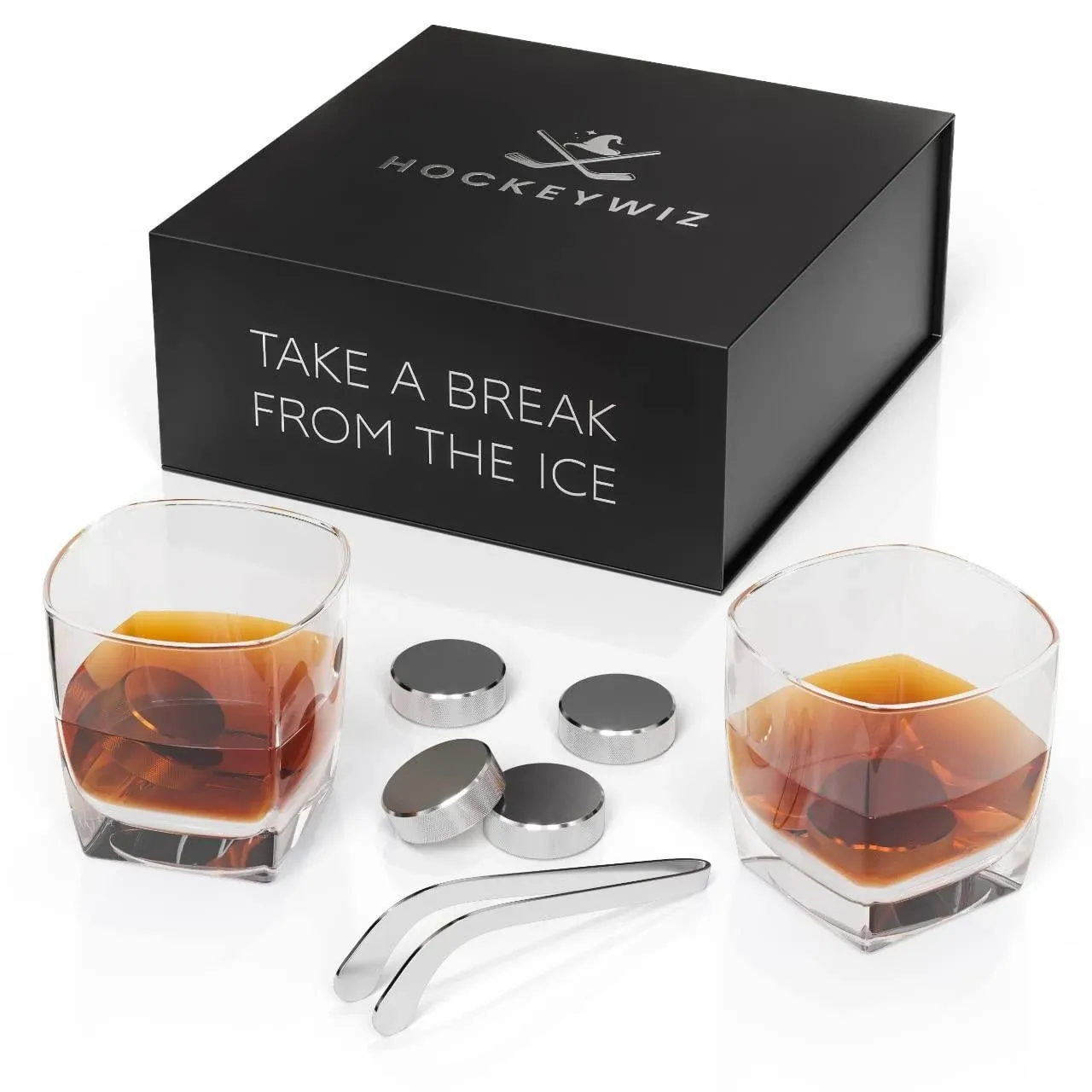 Hockey Whiskey Stone Set 7pcs | 4 Hockey Puck Whiskey Stones with Cooling Gel Interior | Best Hockey Gifts for Hockey Coach! | Hockey Stick Tongs, Elegant Glasses Whiskey Set | Fathers Day Hockey Gift