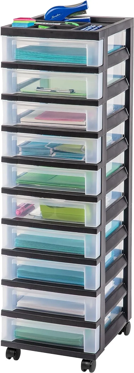 Iris USA MC Plastic Storage Drawer, Rolling Cart with Organizer Top, 10, Black