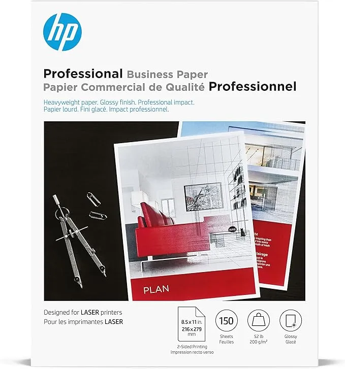 HP Professional Business Paper, Glossy, 8.5x11 in, 52 lb, 150 sheets, works with laser printers (4WN10A)