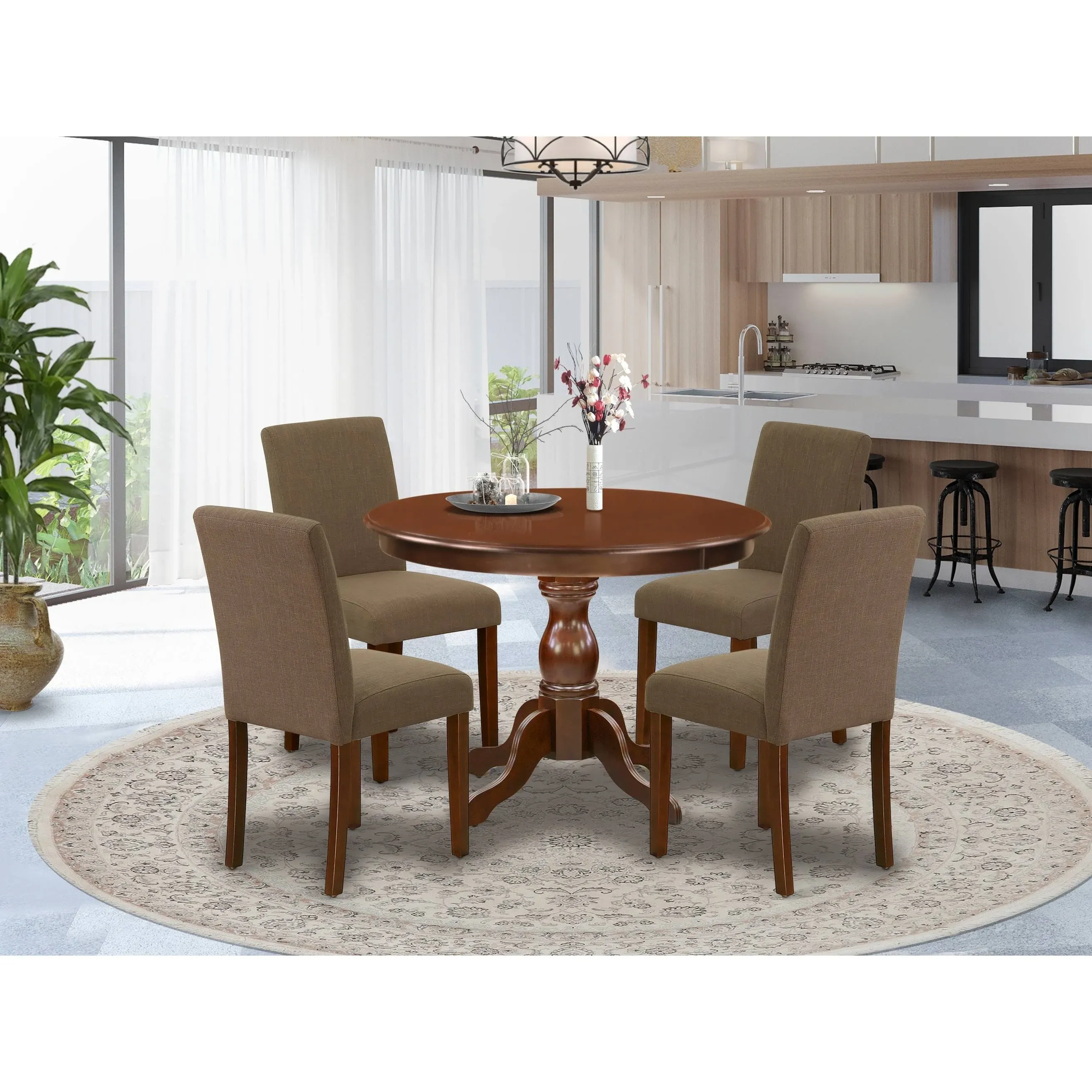 East West Furniture HBAB5-MAH-18 5 Piece Dining Table Set - Mahogany Breakfast Table and 4 Coffee Linen Fabric Mid Century Modern Chairs with High Back - Mahogany Finish