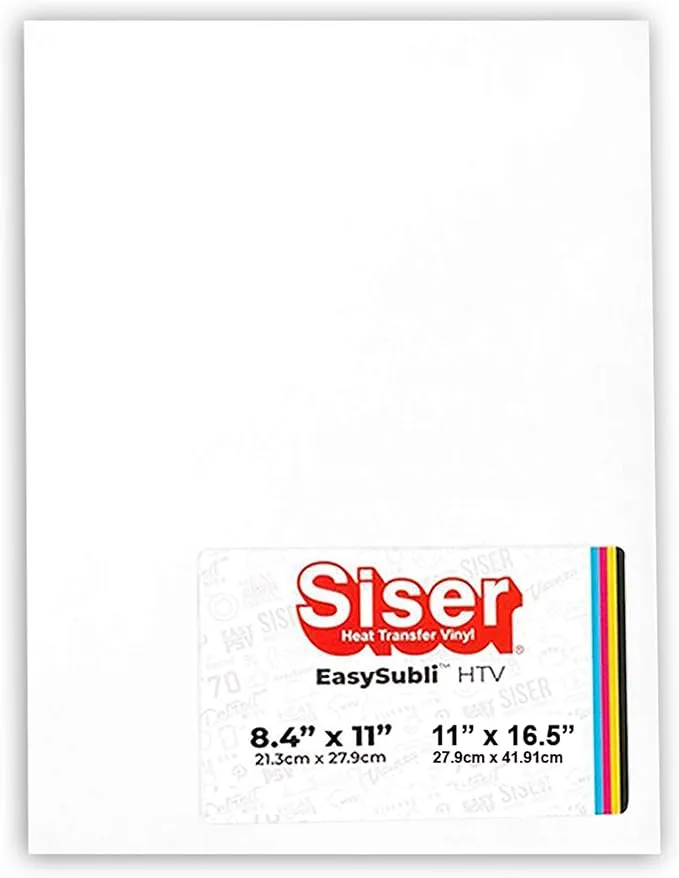 Siser EasySubli Heat Transfer Vinyl, 8.4" x 11" Sheets (15 Pack) - Sublimation Printer Compatible HTV - Full-Color Transfers for T-Shirts, Accessories, and More - CPSIA CertifiedSiser EasySubli Heat Transfer Vinyl, 8.4" x 11" Sheets (15 P…