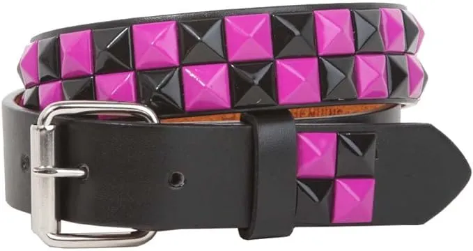 Kids 1&#034; Snap On Black &amp; Fuchsia Checkerboard Punk Rock Studded Leather Belt