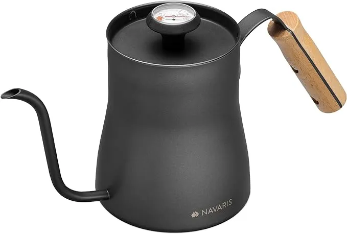 Navaris Kettle for Coffee Preparation - 1 Litre Gooseneck Kettle with Thermometer - with Long Spout and Wooden Handle - Copper Design