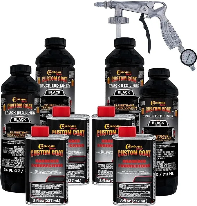 Custom Coat Black 1 Gallon Urethane Spray-On Truck Bed Liner Kit with Spray Gun and Regulator - Easy 3 to 1 Mix Ratio, Just Mix, Shake and Shoot It - Professional Durable Textured Protective Coating