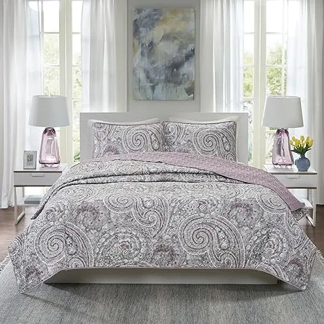 Comfort Spaces Quilt Set-Trendy Paisley Summer Cover, Cozy Coverlet Lightweight All Season Bedding Layer for Winter, Matching Shams, King/Cal King, Kashmir Paisley Purple