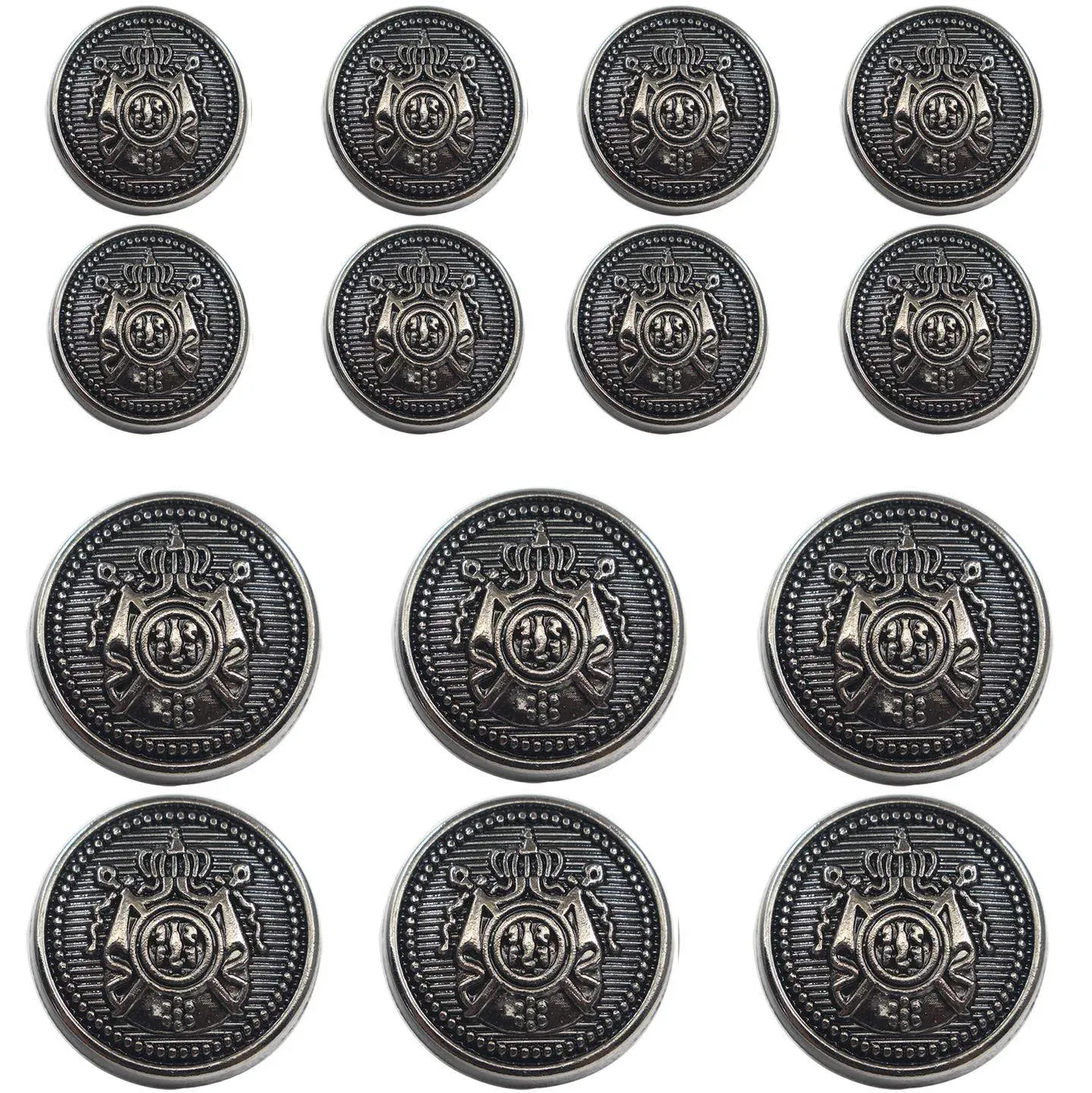 14 Piece Antiqued Black Silver Metal Blazer Button Set - Crown - for Blazer, Suits, Sport Coat, Uniform, Jacket 15mm 20mm