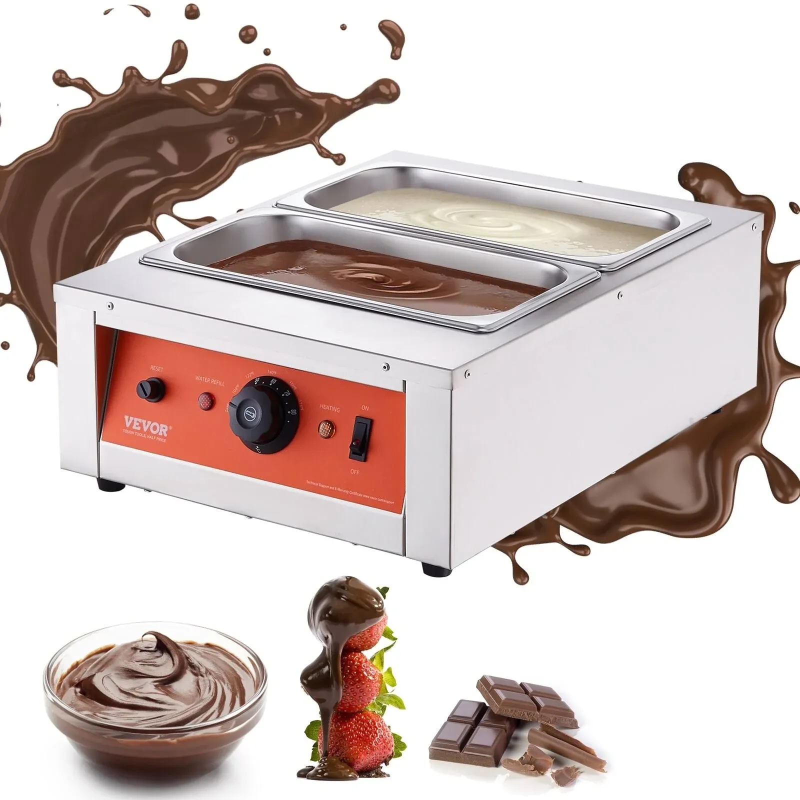 VEVOR Chocolate Tempering Machine, 17.6 Lbs 2 Tanks Chocolate Melting Pot TEMP Control 86~185℉, 1500W Stainless Steel Electric Commercial Food Warmer For Chocolate/Milk/Cream Melting and Heating