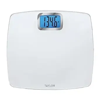 Taylor Digital Scales for Body Weight, Extra High Accurate 440 LB Capacity, Unique Blue LCD, Bright White Finish Extra LargePlatform, 12.2 x 13.5 Inches, White