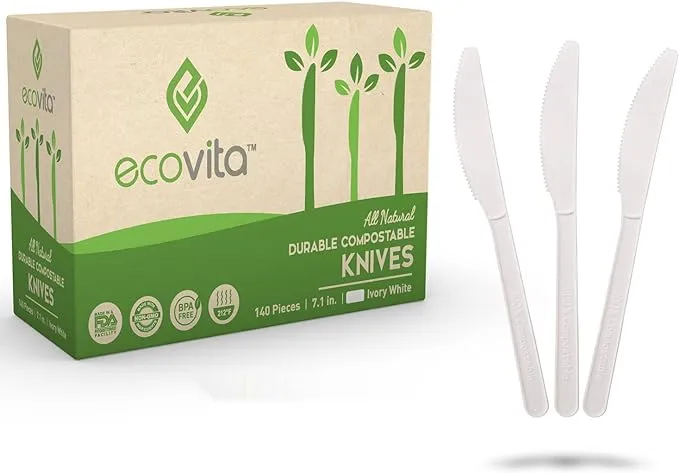 100% Compostable Knives - 140 Large Disposable Utensils (7 in.) Eco Friendly Durable and Heat Resistant Alternative to Plastic Knives with Convenient Tray