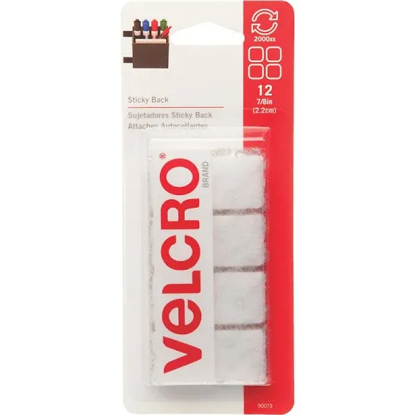 VELCRO Brand Sticky-Back Fasteners, Removable Adhesive, 0.88" X 0.88", White, 12 count (Pack of 1)