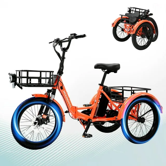 MOONCOOL TK1 Folding Electric Tricycle with Rack Bags , 750W Motor 48V Foldable Ebike Electric Trike for Adults, 20" Fat Tire 3 Wheel Electric Bicycle with Front & Rear Baskets