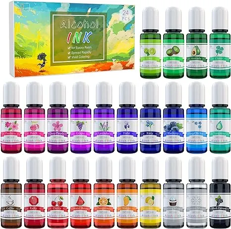 Alcohol Ink Set - 24 Vibrant Colors Alcohol-based Ink for Resin Petri Dish Making, Epoxy Resin Painting - Concentrated Alcohol Paint Color Dye for Resin Art, Tumbler Making, Painting - 24 x 10ml/.35oz