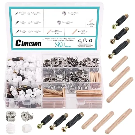 95Pcs Furniture Connecting Hardware Connectors Assortment Kit Including Cam Fitting Wood Dowel Pins and Pre-Inserted Nut and Furniture Crib Screws