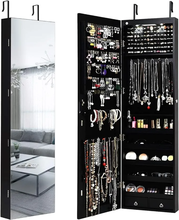 Giantex Wall Door Mounted Jewelry Armoire Cabinet with 47.5" H Full Length Mirror, 2 LEDs Lockable Jewelry Organizer Box with Bracelet Rod, 2 Drawers, Large Storage Capacity (Black)