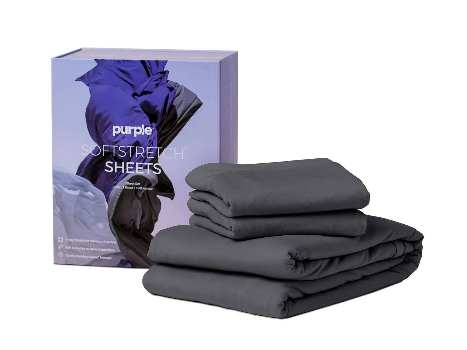 Grey SoftStretch Sheets, Queen, Purple Mattress Sheets, Bamboo Sheets, Moisture-Wicking, Stormy Grey