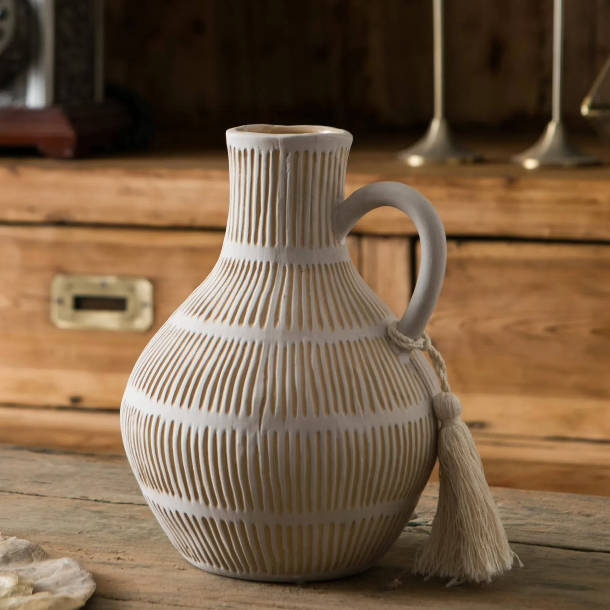 Mowtanco Rustic Ceramic Vase for Home Decor, Farmhouse Decorative Vases for Pampas Grass, Terracotta Vase with Tassel Design,