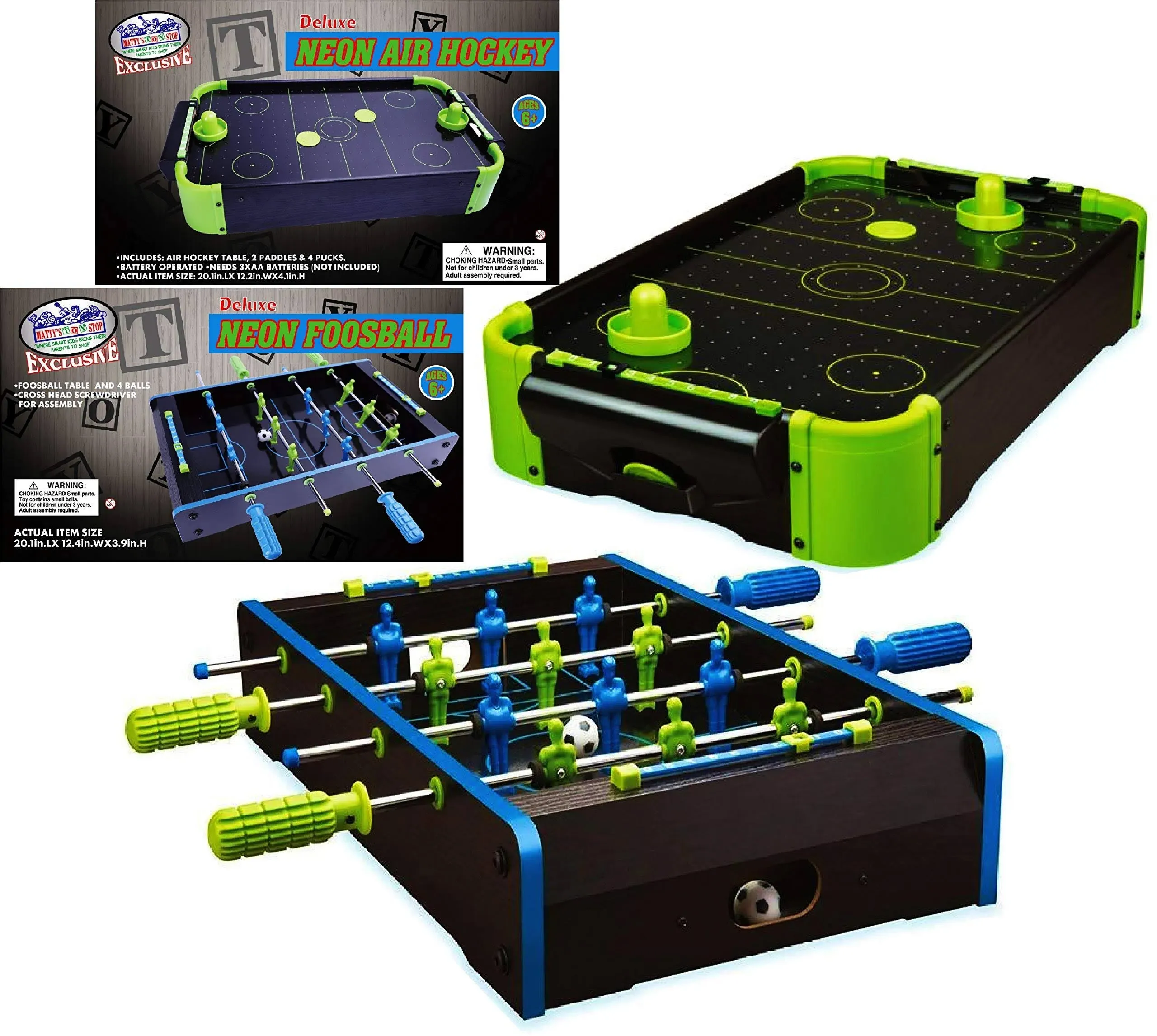 DLX Wooden Mini Tabletop NEON Air Hockey &amp; Foosball (Soccer)