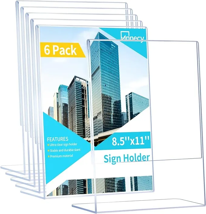 Annecy Sign Holder 8.5 x 11, 6 Packs Sign Stand for Display, L Shape Plastic Clear Sign Holder 8.5x11 Standing Vertical Menu Flyer Holder, Frames Table Signs for Stores, Restaurants, Hotels, Office