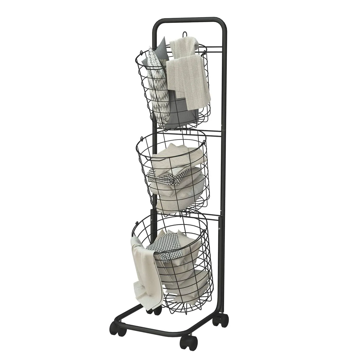 uyoyous 3-Tier Laundry Basket with Lockable Wheels Wire Laundry Hamper with Handle Laundry Cart Storage Rolling Hamper Clothe